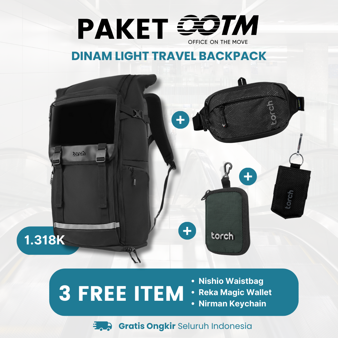 Paket Office On The Move - Dinam Light Travel Backpack Gratis Nishio Waistbag + Reka Magic Wallet Black + Nirman Keychain