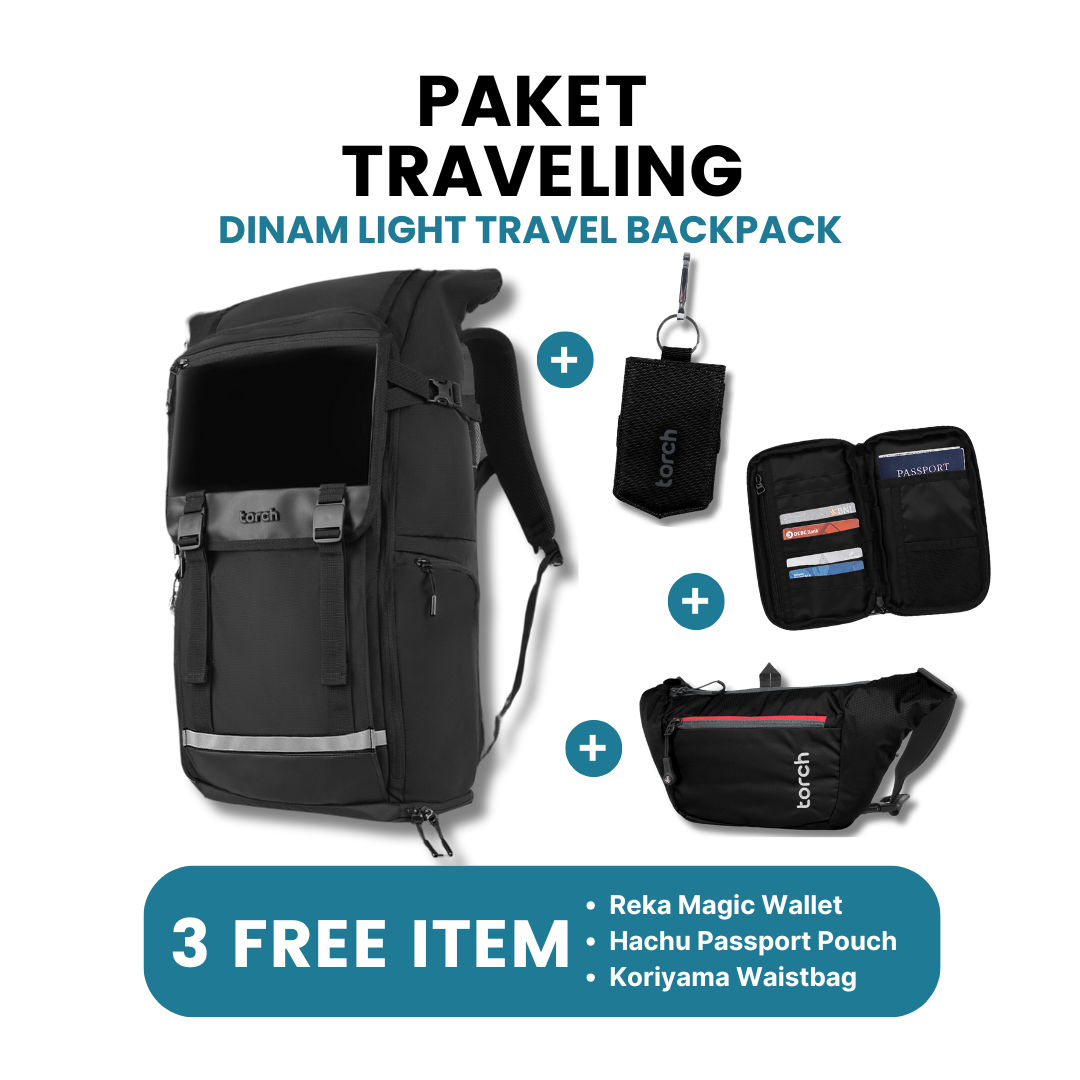 Paket Traveling - Dinam Light Travel Backpack Gratis Koriyama Waistbag + Reka Magic Wallet Black + Hachu Passport Pouch