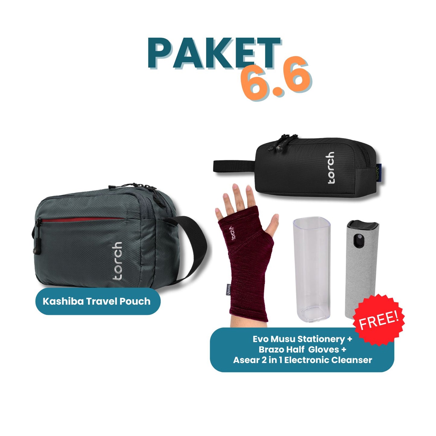 Paket 6.6 - Kashiba Travel Pouch Gratis Evo Musu Stationery + Brazo Half Gloves + Asear 2 in 1 Electronic Cleanser Pink