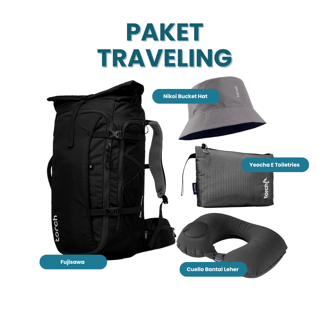 Paket Traveling - Fujisawa Travel Backpack + Nikoi Bucket Hat + Yeocha E Toiletries + Cuello Bantal Leher