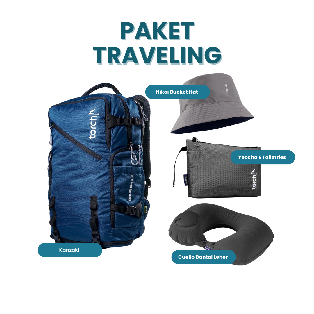 Paket Traveling - Kanzaki Light Travel Backpack + Nikoi Bucket Hat + Yeocha E Toiletries + Cuello Bantal Leher