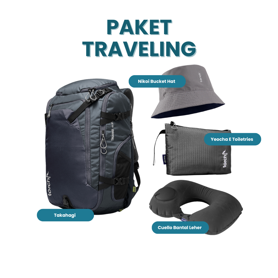 Paket Traveling - Takahagi Travel Backpack + Nikoi Bucket Hat + Yeocha E Toiletries + Cuello Bantal Leher
