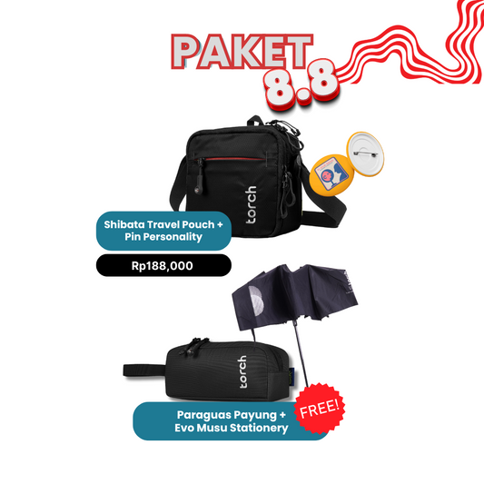 Paket 8.8. - Shibata Travel Pouch Gratis Paraguas Payung + Evo Musu Stationery Black + Pin Personality