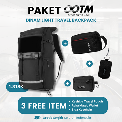 Paket Office On The Move - Dinam Light Travel Backpack Gratis Kashiba Travel Pouch + Reka Magic Wallet Black + Bida Keychain