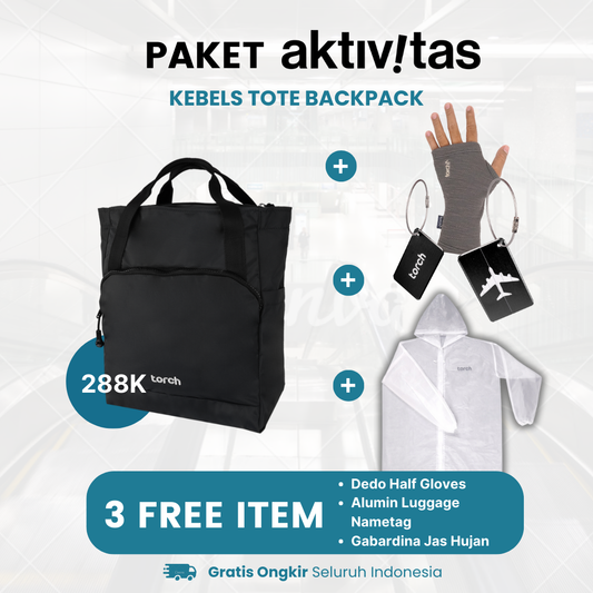 Paket Aktivitas - Kebels Tote Backpack Gratis Dedo Half Gloves + Gabardina Jas Hujan + Alumin Luggage Nametag