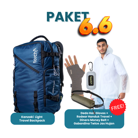 Paket 6.6 - Kanzaki Light Travel Backpack Gratis Gabardina Twice Jas Hujan + Dedo Half Gloves + Dinero Money Belt + Rodear Handuk Travel Black