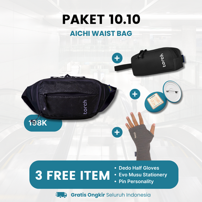 Paket 10.10 - Aichi Waistbag Gratis Dedo Half Gloves Grey + Evo Musu Stationery Black + Pin Personality