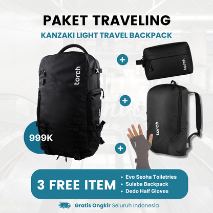 Paket Traveling - Kanzaki Light Travel Backpack Gratis Sulaba Backpack + Dedo Half Gloves Grey+ Evo Seoha Toiletries