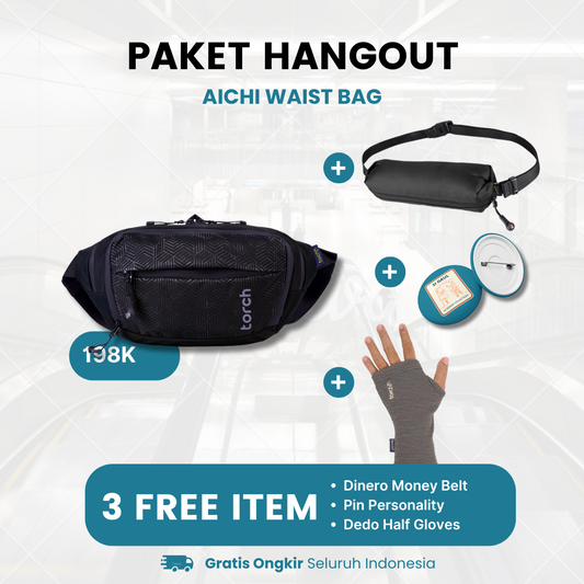 Paket Hangout - Aichi Waistbag Gratis Dedo Half Gloves Grey + Dinero Money Belt Black + Pin Personality