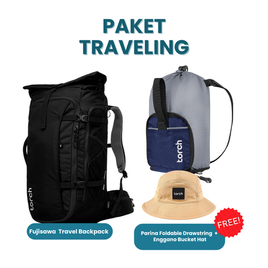 Paket Traveling - Fujisawa Travel Backpack Gratis Parina Foldable Drawstring Pouch + Enggano Bucket Hat Khaki