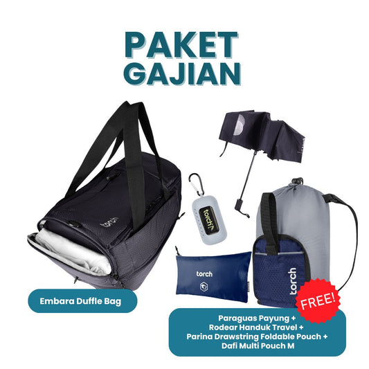 Paket Gajian - Embara Duffle Bag Gratis Rodear Handuk Travel Black + Paraguas  Payung + Parina Drawstring Foldable Pouch+ Dafi Multi Pouch M