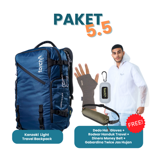 Paket 5.5 - Kanzaki Light Travel Backpack Gratis Gabardina Twice Jas Hujan + Dedo Half Gloves + Dinero Money Belt + Rodear Handuk Travel Black