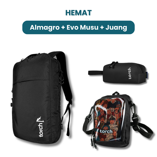 Dalam paket ini kamu akan mendapatkan:  - Almagro Backpack  - Evo Musu Stationary  - Juang Travel Pouch