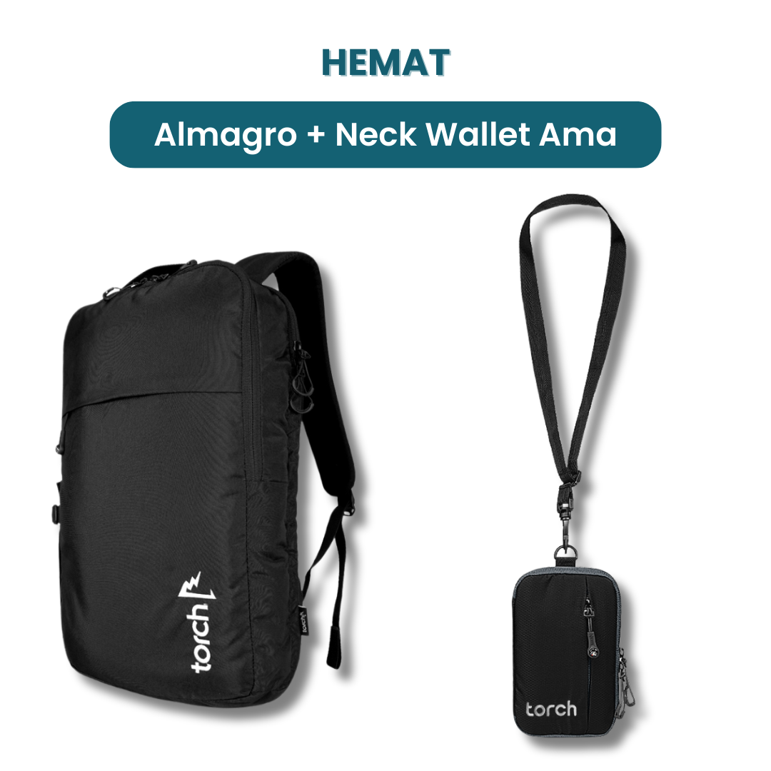 Dalam paket ini akan mendapatkan :  - Almagro Backpack  - Neck Wallet Ama