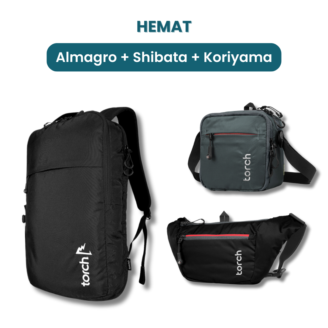 Dalam paket ini kamu akan mendapatkan:  - Almagro Backpack  - Shibata Travel Pouch  - Koriyama Waist Bag