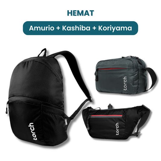 Dalam paket ini akan mendapatkan :  - Amurio Backpack  - Kashiba Travel Pouch  - Koriyama Waist Bag