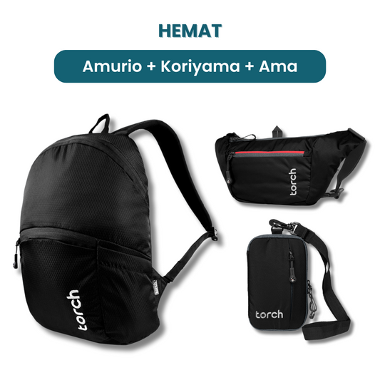 Dalam paket ini akan mendapatkan :  - Amurio Backpack  - Koriyama Waist Bag  - Neck Wallet Ama