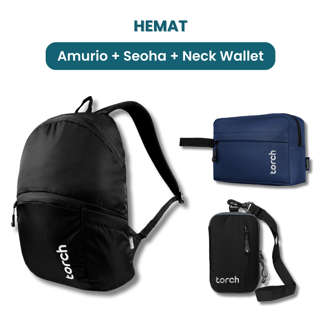 Dalam paket ini akan mendapatkan :  - Amurio Backpack  - Seoha toiletries  - Neck Wallet Ama