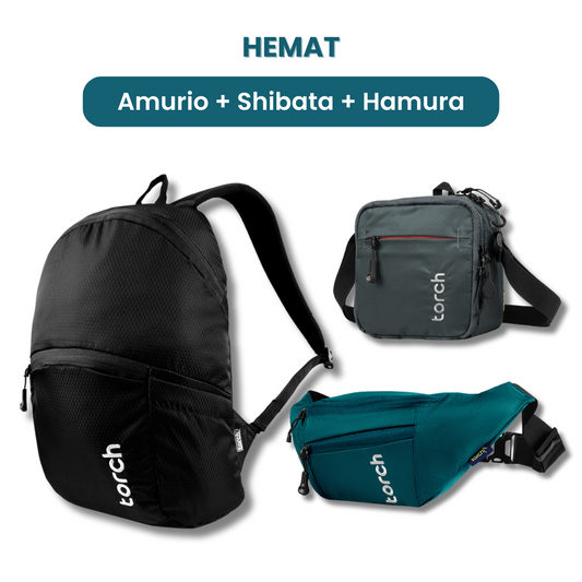 Dalam paket ini akan mendapatkan :  - Amurio Backpack  - Shibata Travel Pouch  - Hamura Waist Bag