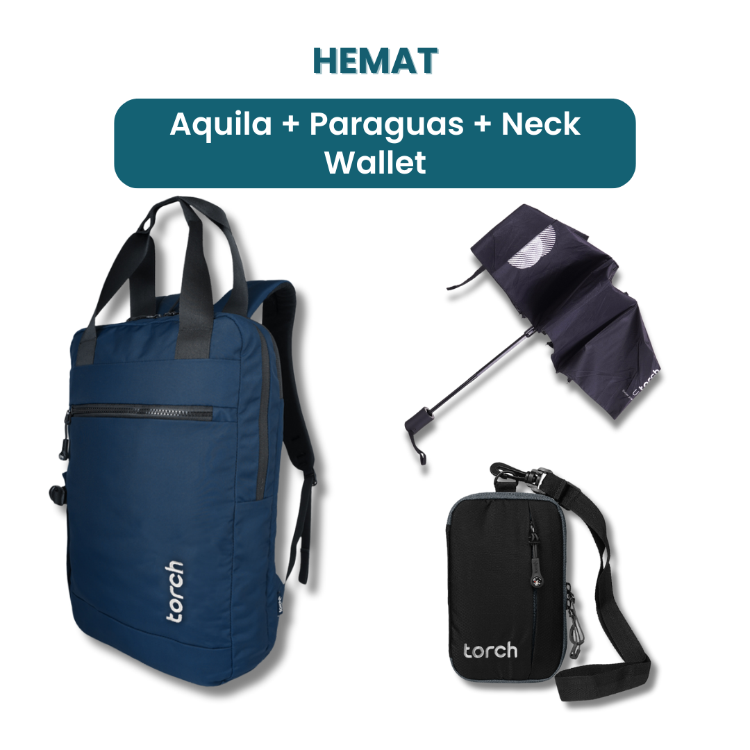 Dalam paket ini akan mendapatkan :  - Aquila Office Backpack  - Paraguas Foldable Umbrella  - Neck Wallet Ama