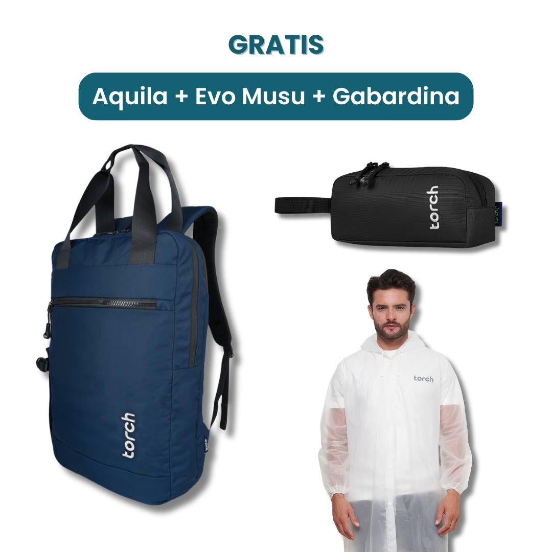 Dalam paket ini kamu akan mendapatkan:  - Aquila Backpack  - Evo Musu Stationary  - Gabardina Raincoat