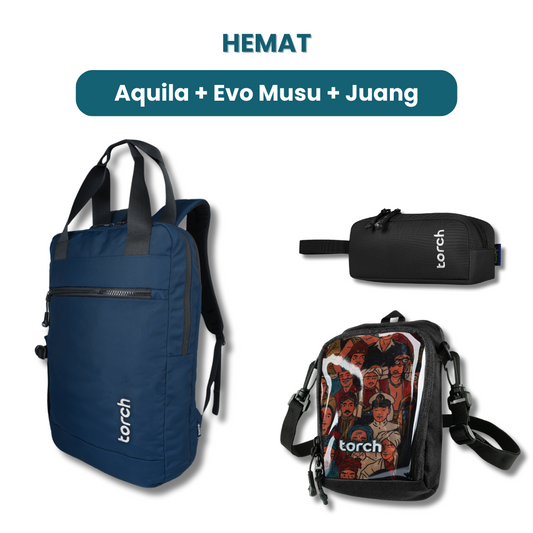 Dalam paket ini kamu akan mendapatkan:  - Aquila Office Backpack  - Evo Musu Stationary  - Juang Travel Pouch