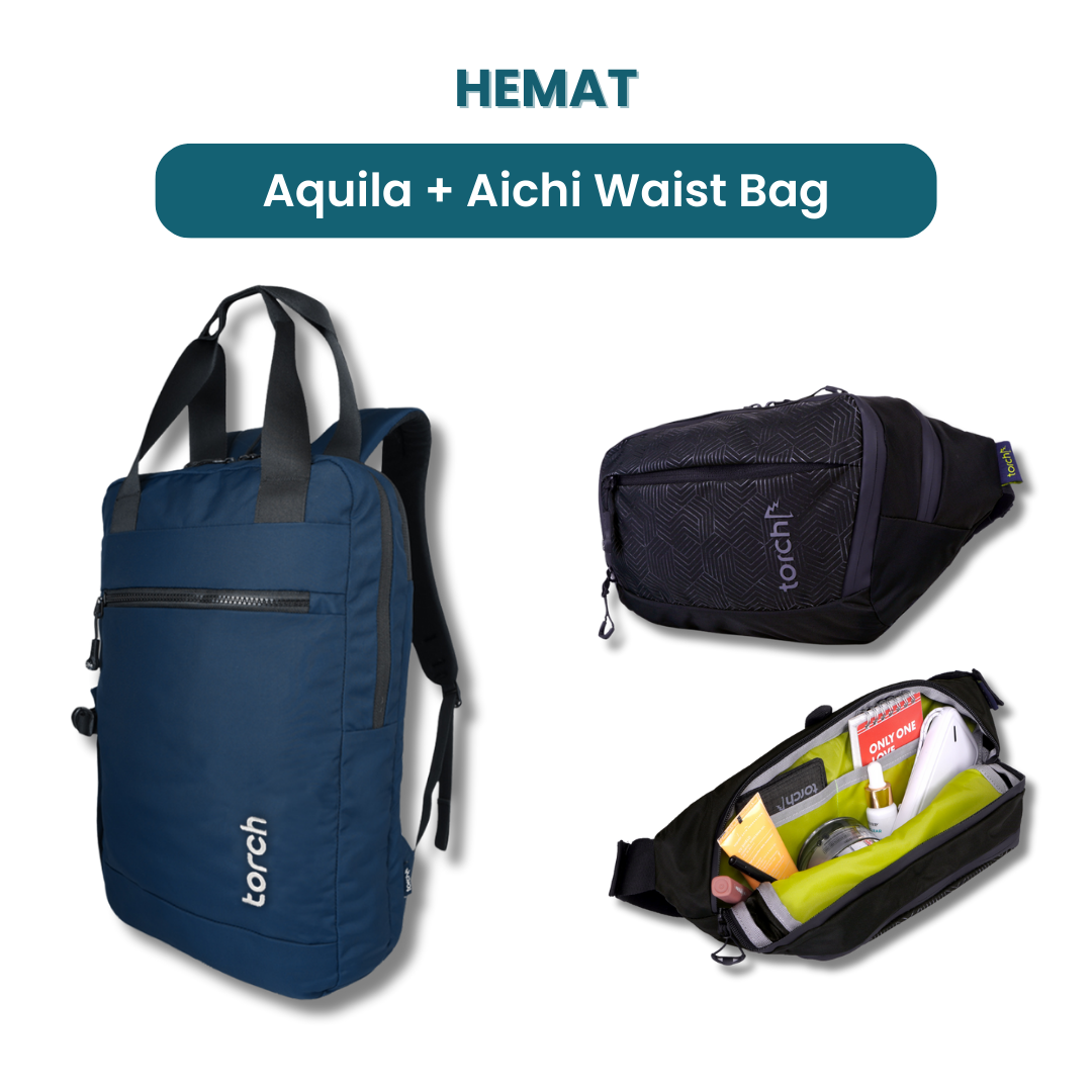 Dalam paket ini akan mendapatkan :  - Aquila Office Backpack  - Aichi Waist Bag