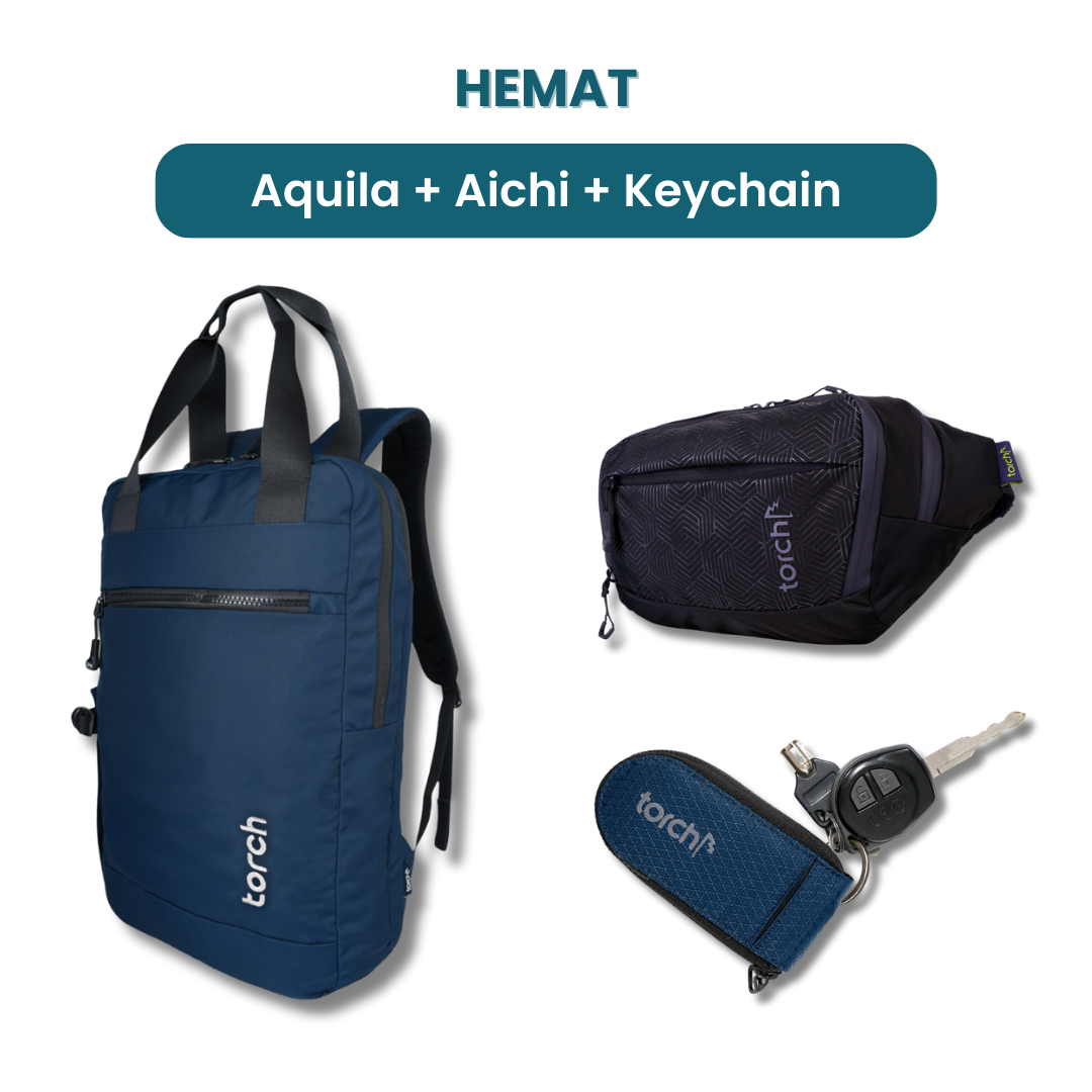 Dalam paket ini akan mendapatkan :  - Aquila Office Backpack  - Aichi Waist Bag  - Keychain Oder