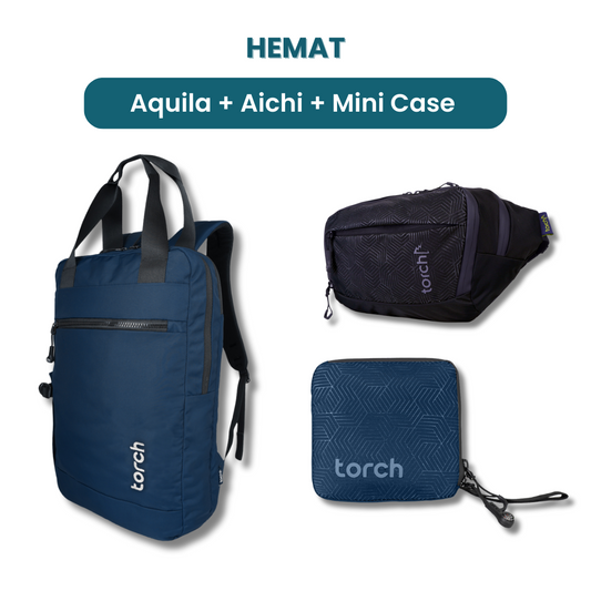 Dalam paket ini akan mendapatkan :  - Aquila Office Backpack  - Aichi Waist Bag  - Mini Case