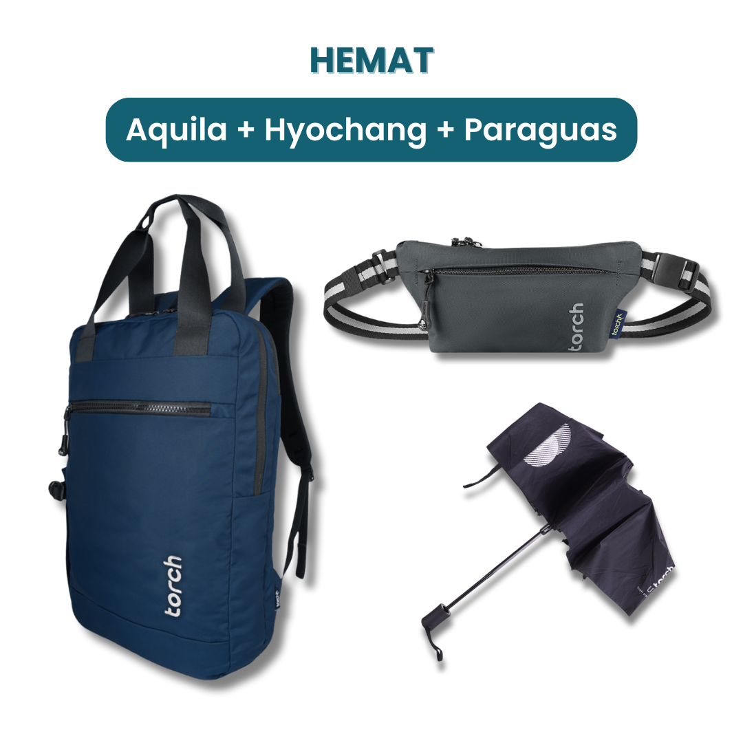 Dalam paket ini akan mendapatkan :  - Aquila Office Backpack  - Hyochang Waist Bag  - Paraguas Foldable Umbrella