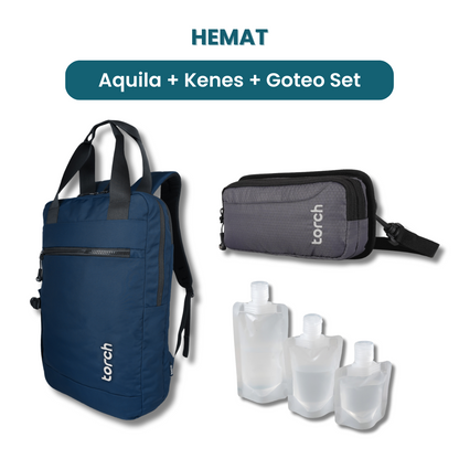 Dalam paket ini kamu akan mendapatkan:  - Aquila Office Backpack   - Kenes Travel Pouch  - Goteo Set