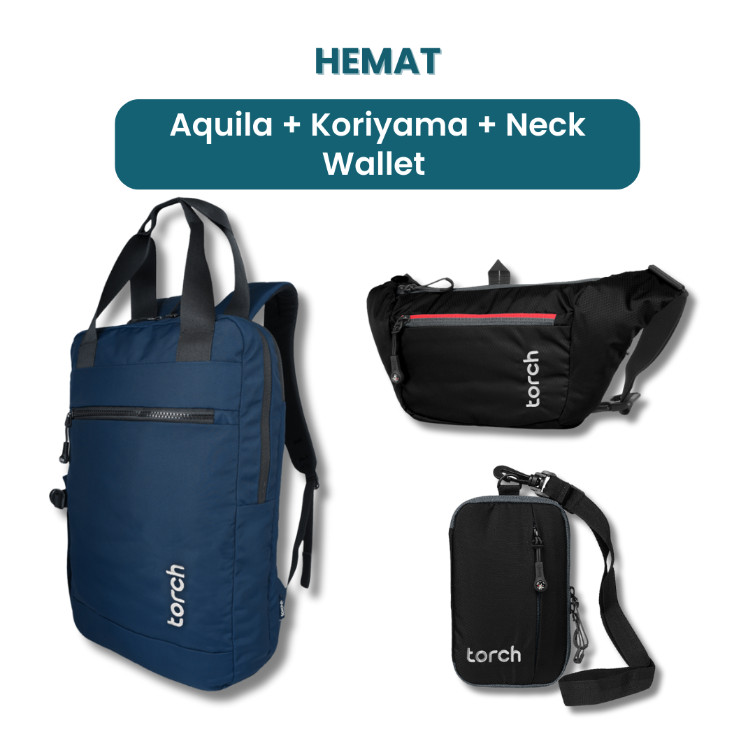 Dalam paket ini akan mendapatkan :  - Aquila Office Backpack  - Koriyama Waist Bag  - Neck Wallet Ama