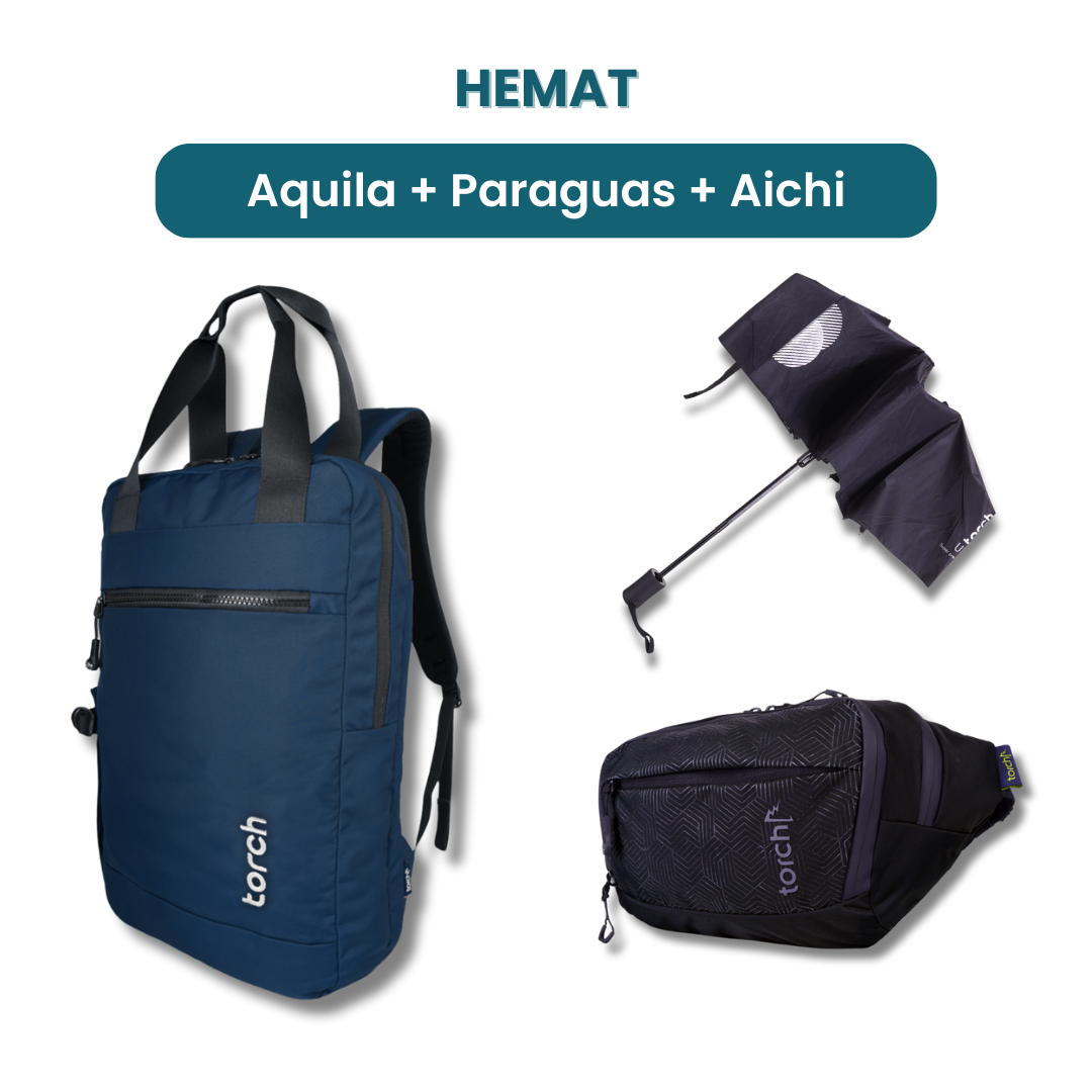 Dalam paket ini akan mendapatkan :  - Aquila Backpack  - Paraguas Foldable Umbrella  - Aichi Waist Bag