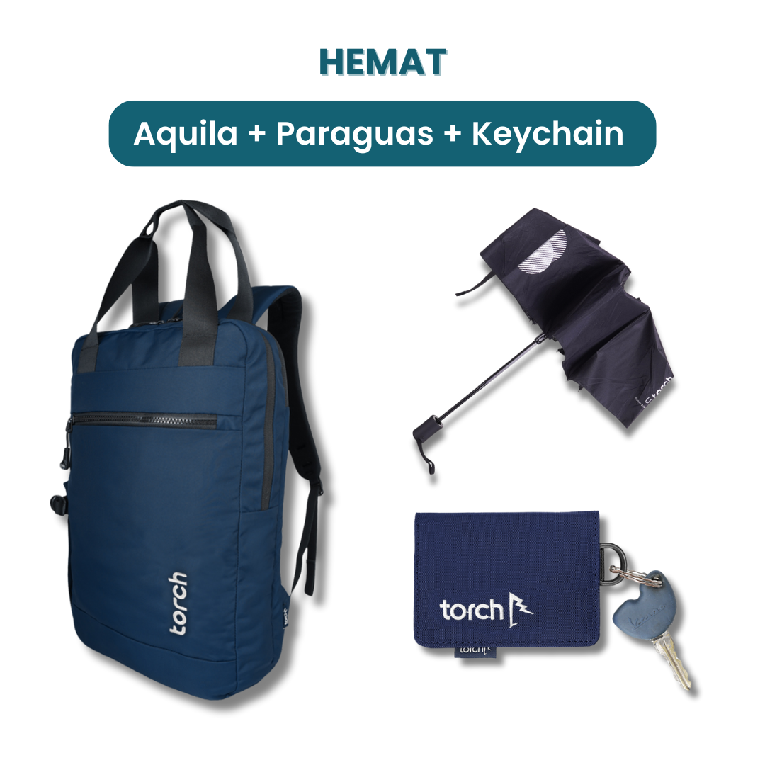 Dalam paket ini akan mendapatkan :  - Aquila Office Backpack  - Paraguas Foldable Umbrella  - Keychain Snell