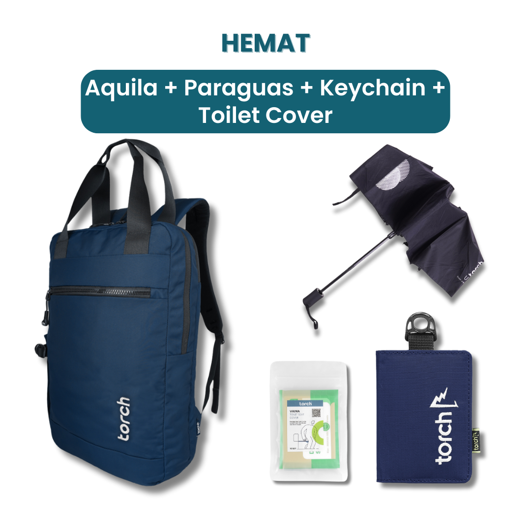 Dalam paket ini akan mendapatkan :  - Aquila Office Backpack  - Paraguas Foldable Umbrella  - Keychain Snell  - Vaina Toilet Cover