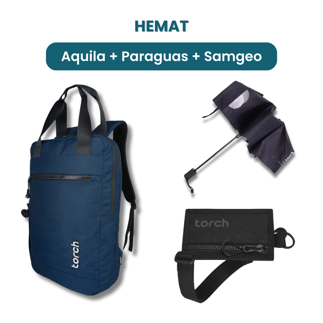 Dalam paket ini kamu akan mendapatkan:  - Aquila Office Backpack  - Paraguas Foldable Umbrella   - Samgeo Card Holder