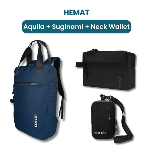 Dalam paket ini kamu akan mendapatkan:  - Aquila Backpack  - Suginami Toileteries  - Neck Wallet Ama