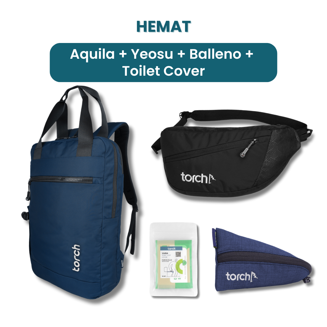 Dalam paket ini akan mendapatkan :  - Aquila Office Backpack  - Yeosu Cross Body   - Balleno Stationary Pouch  - Vaina Toilet Cover