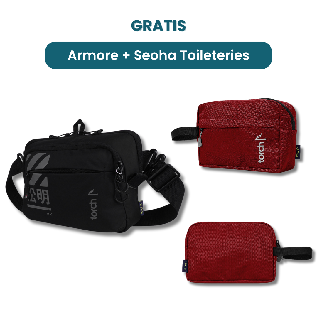 Dalam paket ini akan mendapatkan :  - Armore Gaming 2 in 1 (Waist Bag & Travel Pouch)  - Seoha Toileteries Beet Red