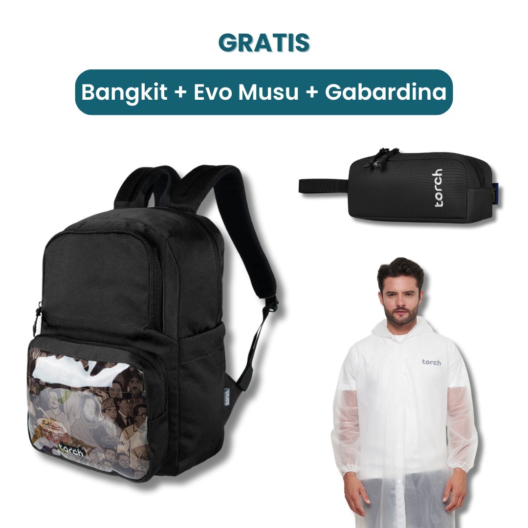 Dalam paket ini kamu akan mendapatkan:  - Bangkit Backpack   - Evo Musu Stationary  - Gabardina Raincoat