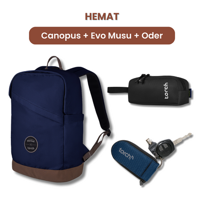 Dalam paket ini akan mendapatkan :  - Canopus Daypack 19L  - Evo Musu Stationary  - Keychain Oder      