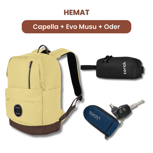 Dalam paket ini akan mendapatkan :  - Capella Daypack 19L   - Evo Musu Stationary   - Keychain Oder   