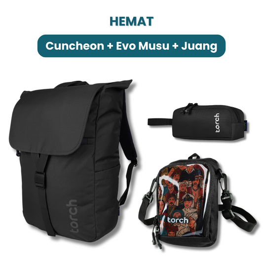 Dalam paket ini kamu akan mendapatkan:  - Cuncheon Backpack  - Evo Musu Stationary  - Juang Travel Pouch
