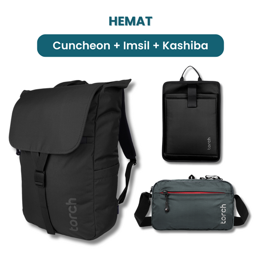 Dalam paket ini kamu akan mendapatkan:  - Cuncheon Backpack  - Imsil Laptop Sleeve  -  Kashiba Travel Pouch