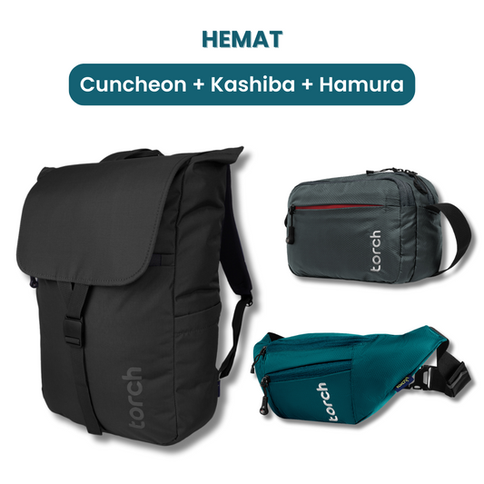 Dalam paket ini kamu akan mendapatkan:  - Cuncheon Backpack  - Kashiba Travel Pouch  - Hamura Waist Bag