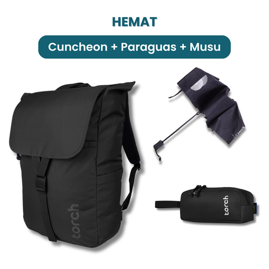 Dalam paket ini kamu akan mendapatkan:  - Cuncheon Backpack  - Paraguas Foldable Umbrella  - Evo Musu Stationary