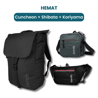 Dalam paket ini kamu akan mendapatkan:  - Cuncheon Backpack  - Shibata Travel Pouch  - Koriyama Waist Bag