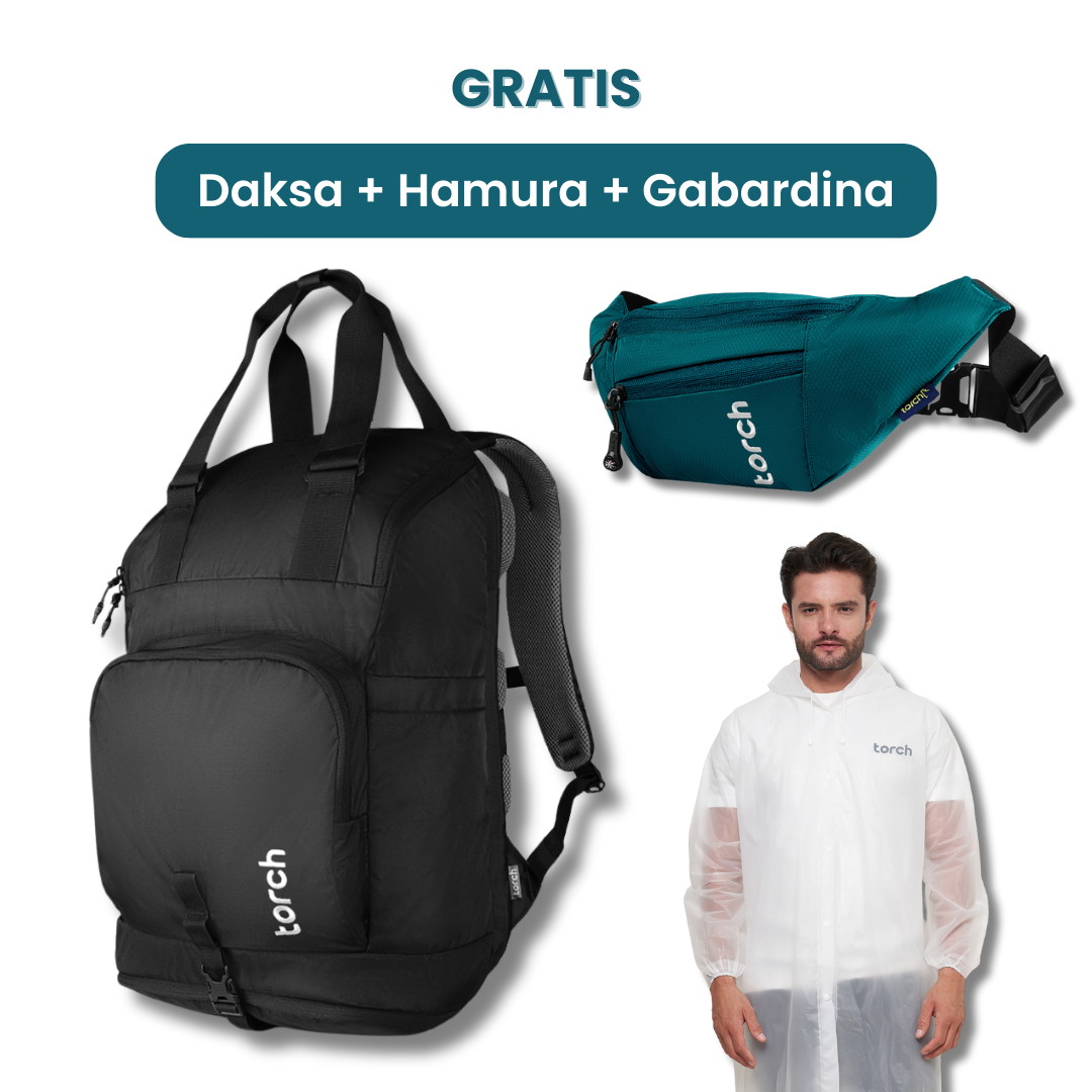 Dalam paket ini kamu akan mendapatkan:  - Daksa Backpack  - Hamura Waist Bag  - Gabardina Raincoat