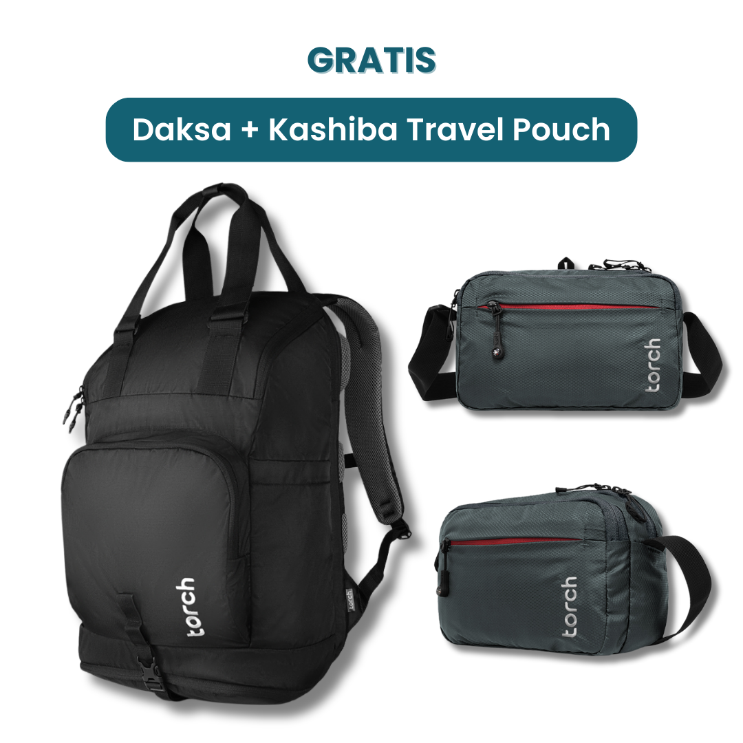 Dalam paket ini kamu akan mendapatkan:  - Daksa Backpack  - Kashiba Travel Pouch