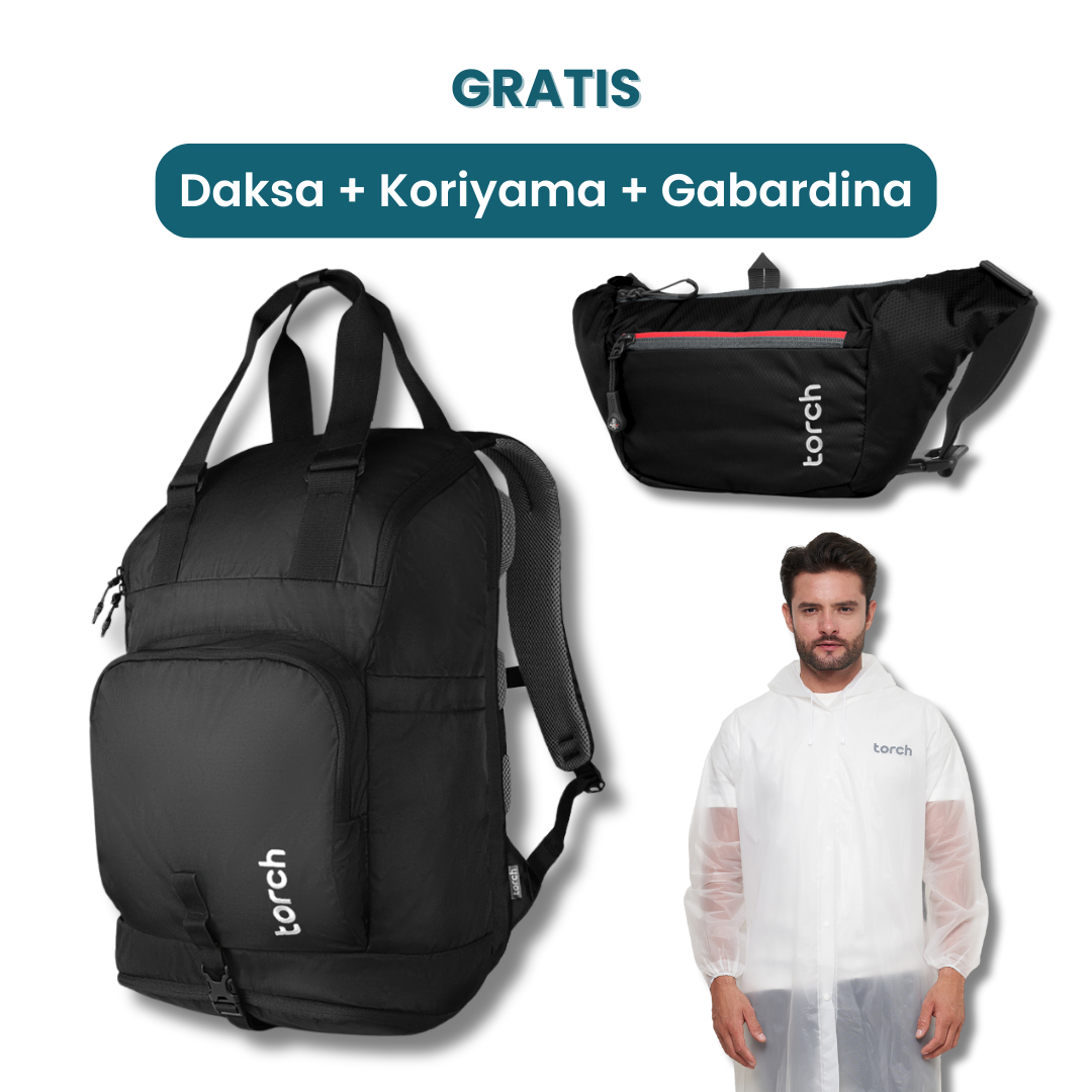 Dalam paket ini kamu akan mendapatkan:  - Daksa Backpack  - Koriyama Waist Bag  - Gabardina Raincoat